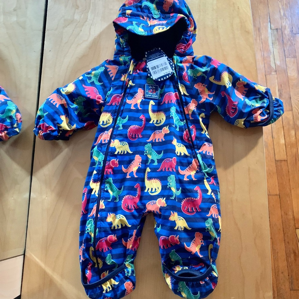 Baby boy JoJo Maman Bebe dinosaur print all in one snowsuit age 3-6 months.